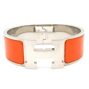 HERMES Clic Clac H Silver Orange Hardware Patent Leather Bangle